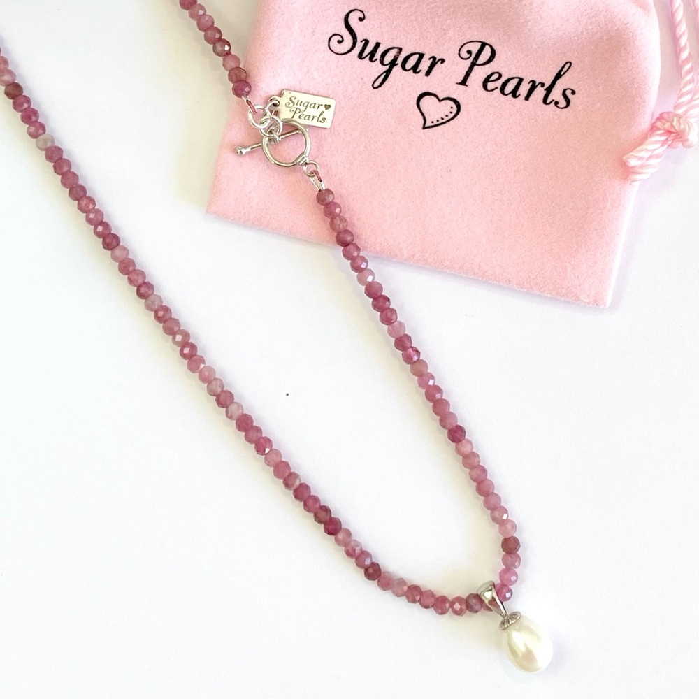 Pink Tourmaline, 14k White Gold Pearl Pendant Necklace